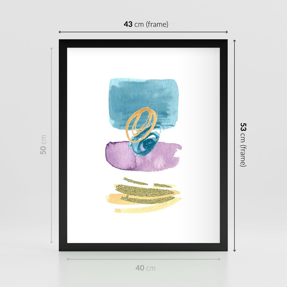Plakat w ramie 40x50 - Taniec Akwarelowych Kresek - akwarelowe plamy w odcieniach błękitu, złote kreski - rama czarna