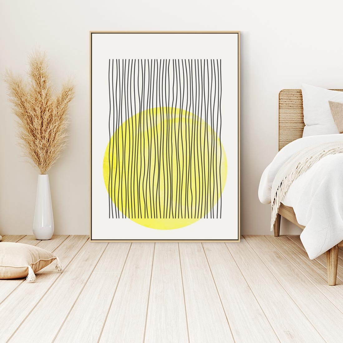 Obraz w ramie 50x70 - Ciepłe Przenikanie - geometria, żółte koło - rama drewno