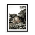 Plakat w ramie 50x70 - Oaza Uroku: Drewniana Chatka i Ogród - domek, ogród - rama czarna