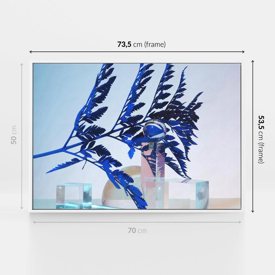 Obraz w ramie 70x50 - Intensywny Kolor Natury - liście, kobalt - rama biała