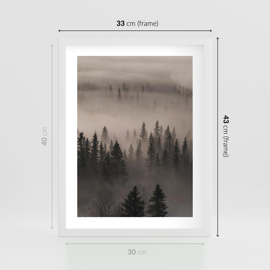 Plakat w ramie 30x40 - Mglista Opowieść Lasu - las, mgła - rama biała