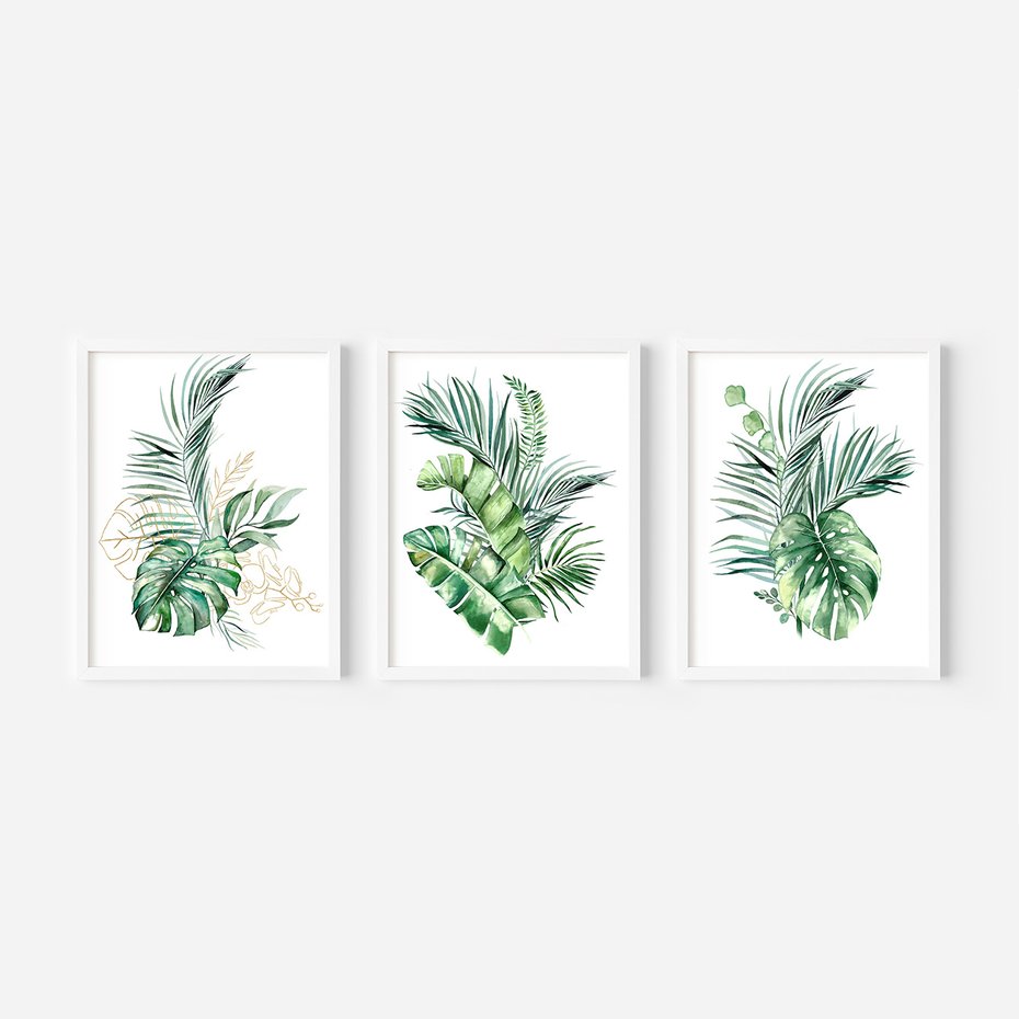 Zestaw obrazy w ramie 30x40 galeria - Liście, monstera, palma, złote, akwarele - rama biała