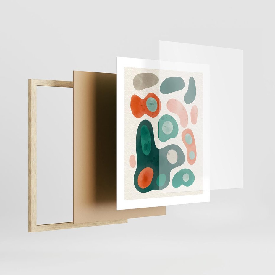 Plakat w ramie 40x50 - Kolorowe Przenikanie - przypadkowe abstrakcyjne plamy, pomarańczowy i zielony - rama drewno