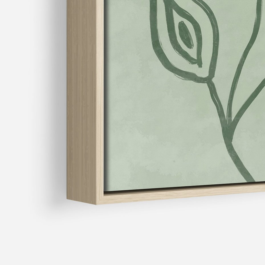 Obraz w ramie 70x100 - Szmaragdowy Oddech - abstrakcyjne delikatne zielone linie, podobne do gałęzi kwiatów - rama drewno