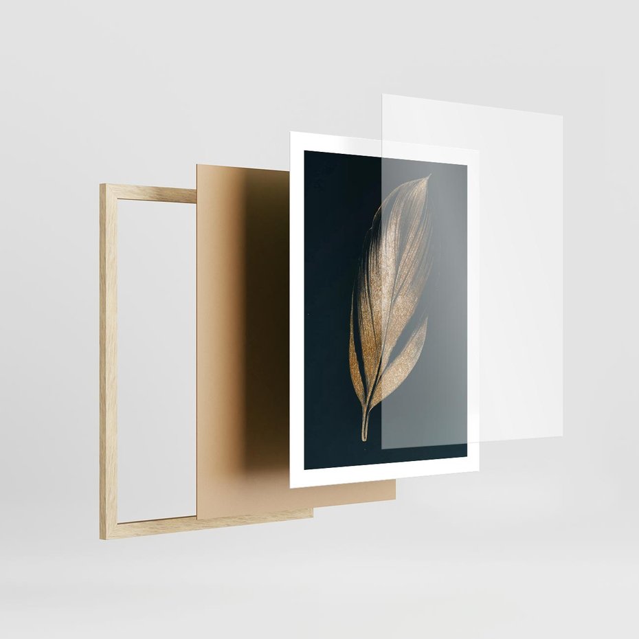 Plakat w ramie 50x70 - Mroczne Złoto - nowoczesna grafika, złoty liść na czarnym tle - rama drewno