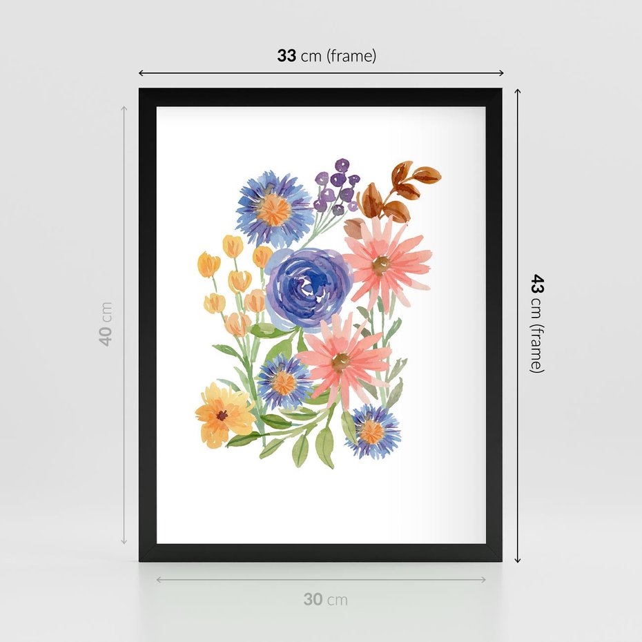 Plakat w ramie 30x40 - Migocące Widoki Kwiatów - akwarelowe polne kwiaty, minimalistyczny plakat - rama czarna