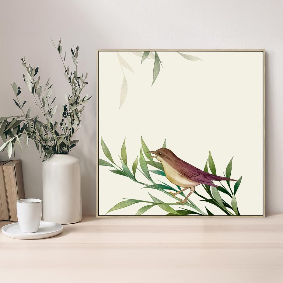 Obraz w ramie 80x80 - Roślinne Nastroje - japońska sztuka, ptak - rama drewno