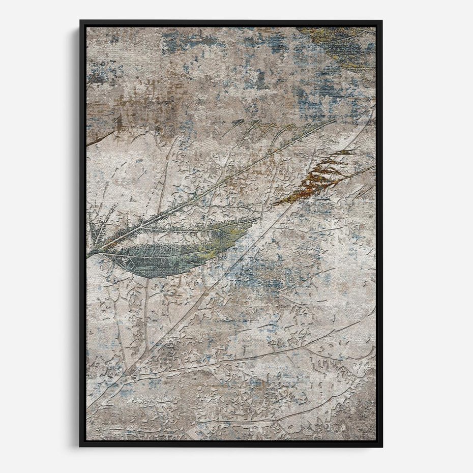 Obraz w ramie 50x70 - Betonowe Wspomnienia Liści - odciski w betonie, odbitki - rama czarna