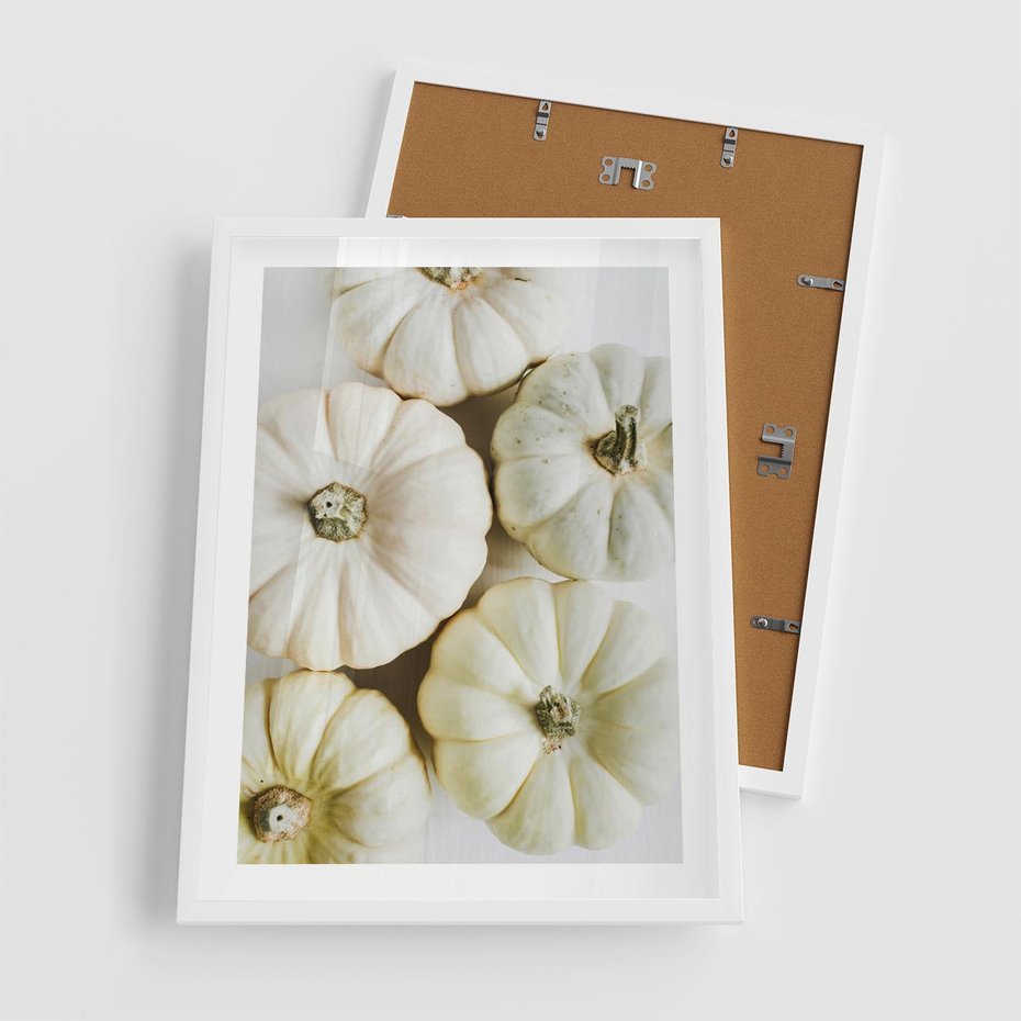 Plakat w ramie 50x70 - Jesienne Dynie: Delikatna Kompozycja - białe dynie, jasna kompozycja - rama biała