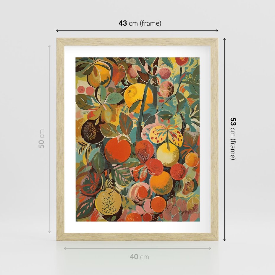 Plakat w ramie 40x50 - Księga Surrealnych Wyobrażeń - abstrakcyjny obraz owoców, jak picasso - rama drewno