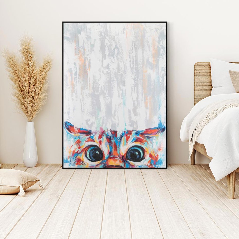 Obraz w ramie 70x100 - Co ja Widzę - obraz olejny, śmieszny obraz kota - rama czarna