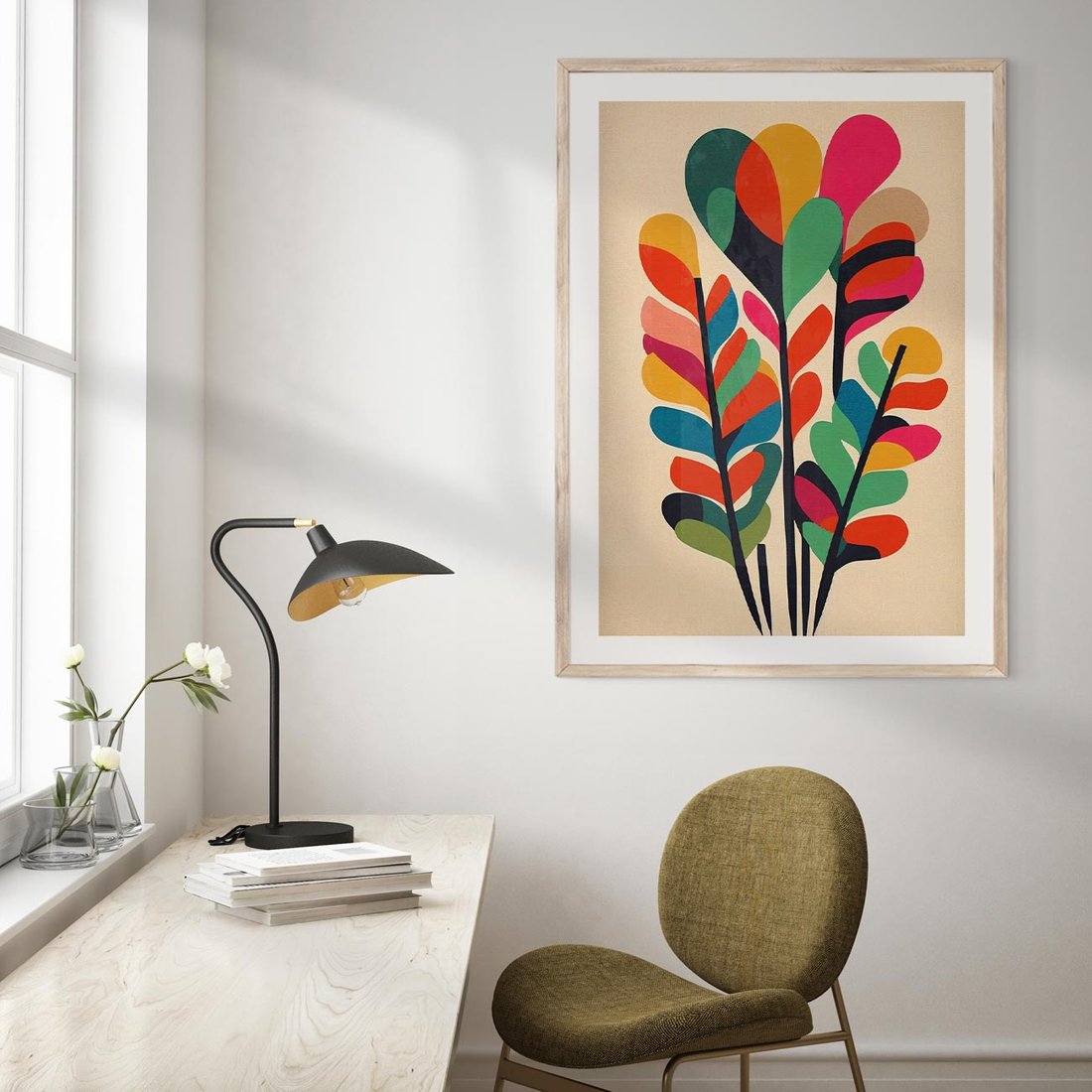 Plakat w ramie 30x40 - Symfonia Wzrokowych Impresji - abstrakcyjny kolorowy tęczowy obraz, inspiracje roślinne - rama drewno