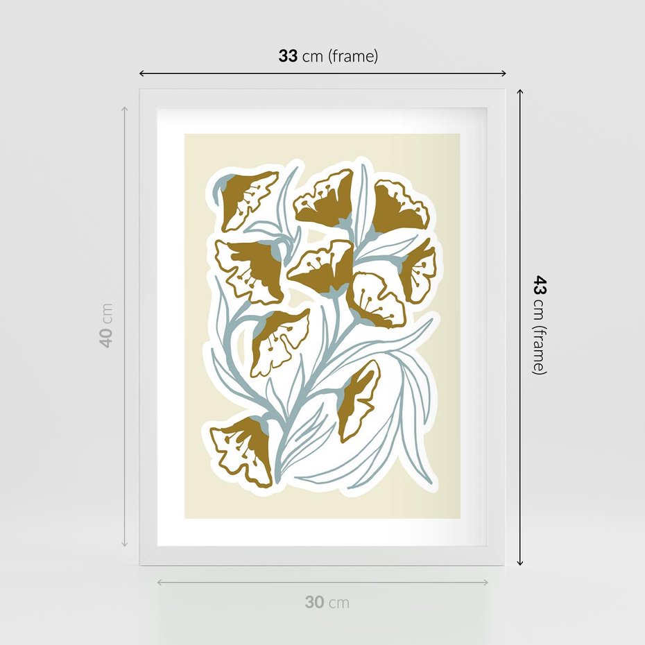 Plakat w ramie 30x40 - Wibracje Widzenia - abstrakcyjne beżowe kwiaty, elegancka kompozycja - rama biała