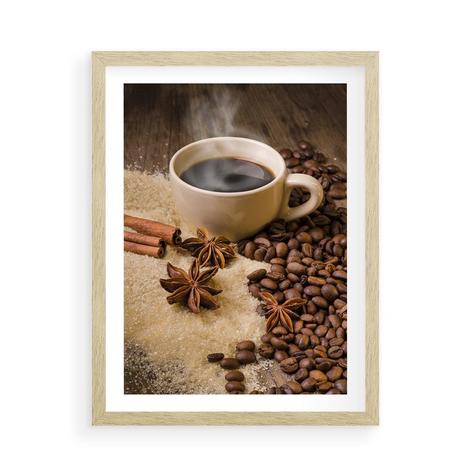 Plakat w ramie 50x70 - Kawowa filiżanka pełna aromatu - kawa, filiżanka - rama drewno