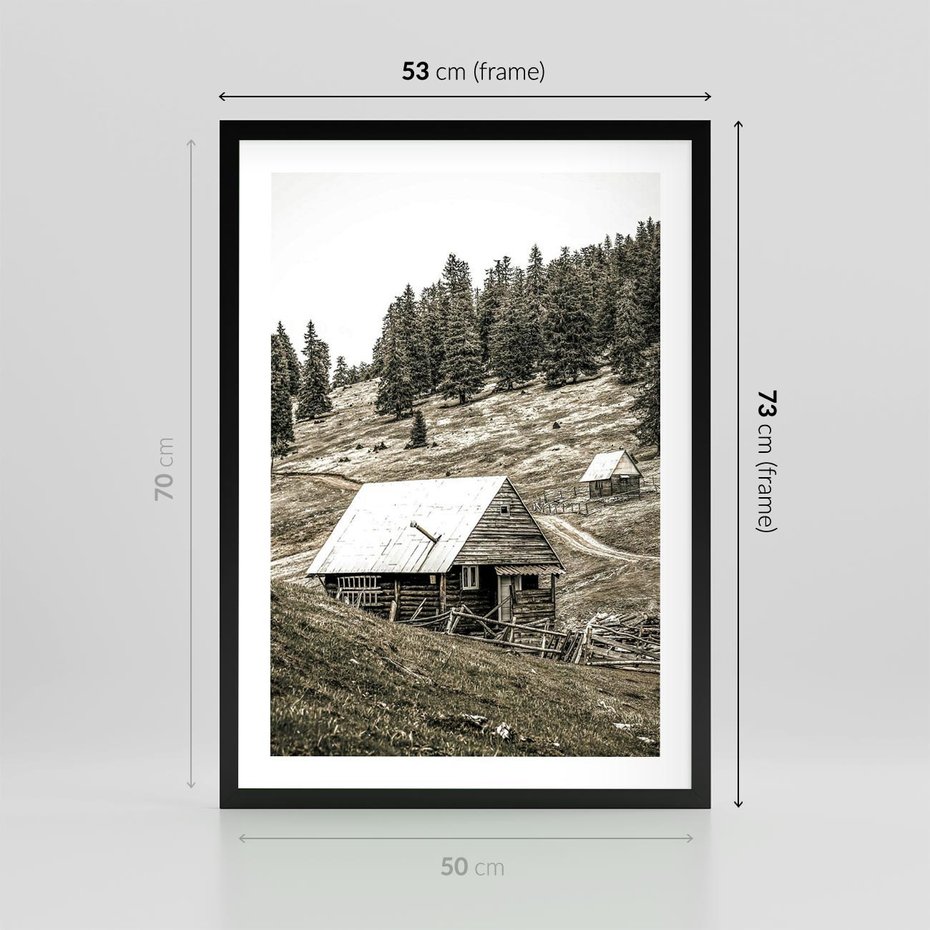 Plakat w ramie 50x70 - Ustronne Chatki w Górach - rustykalne domki w górach, sepia - rama czarna