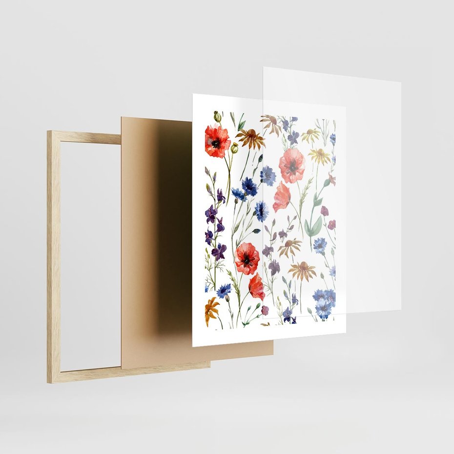 Plakat w ramie 40x50 - Kwiatowe radości na łące - kwiaty, łączka - rama drewno