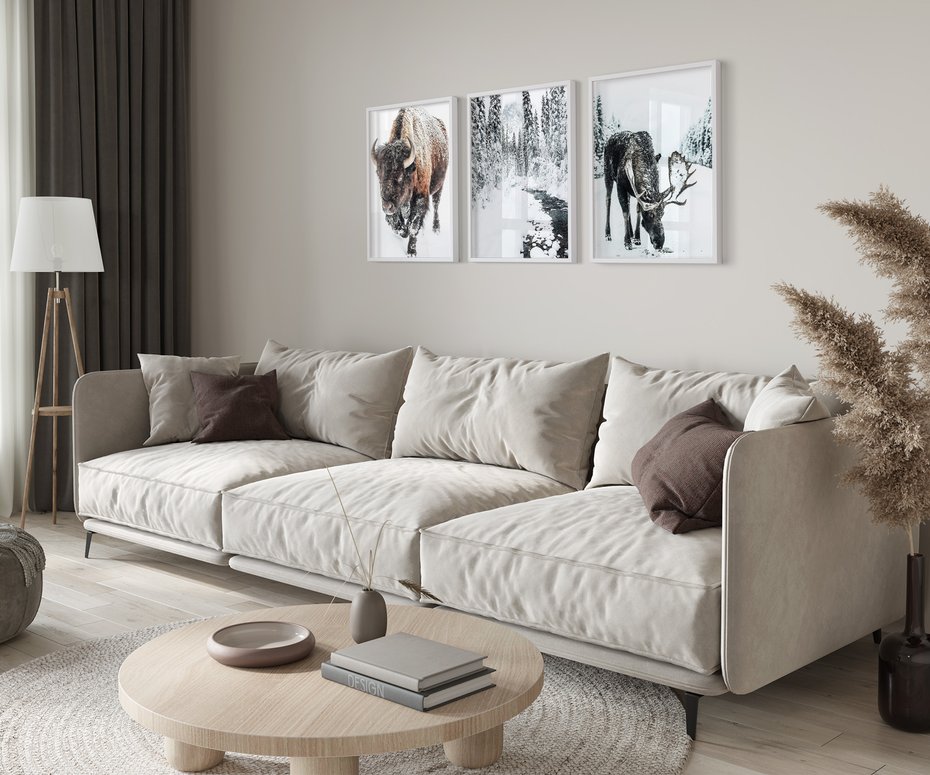 Zestaw obrazy w ramie 30x40 galeria - Bizon, łoś, zima, las - rama biała