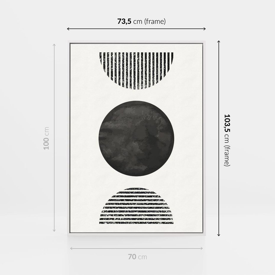 Obraz w ramie 70x100 - Tajemnicza Kompozycja - abstrakcyjne czarno białe formy, minimalizm - rama biała