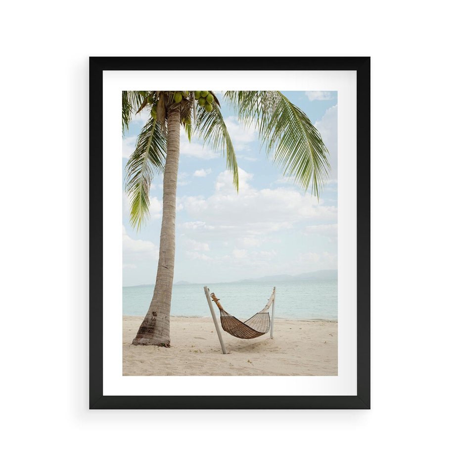 Plakat w ramie 40x50 - Relaks na plaży - palma, hamak - rama czarna