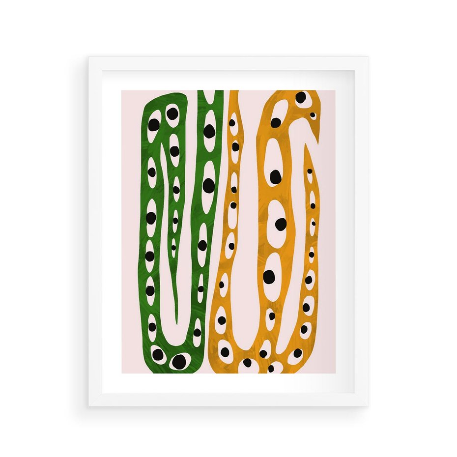 Plakat w ramie 40x50 - Migocące Zmaganie - abstrakcyjny obraz, dziwne kształty - rama biała