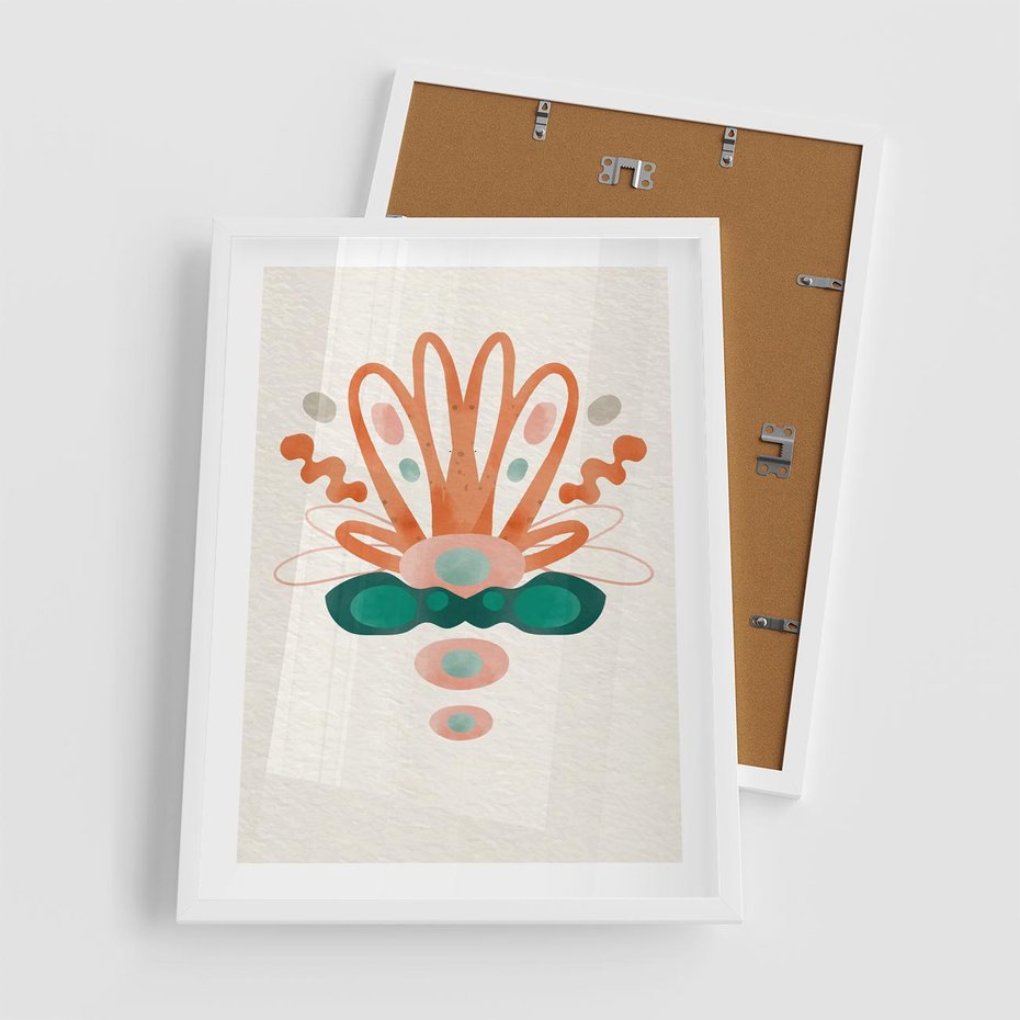 Plakat w ramie 50x70 - Harmonia Nienormalności - akwarelowe abstrakcyjne kształty, zieleń i pomarańcz - rama biała