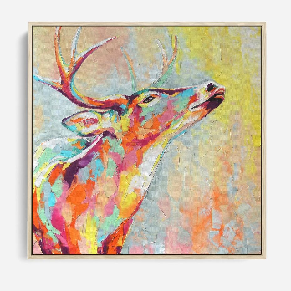 Obraz w ramie 80x80 - Impresje snów malarza - kolorowy olejny obraz, jeleń ryczący na rykowisku - rama drewno