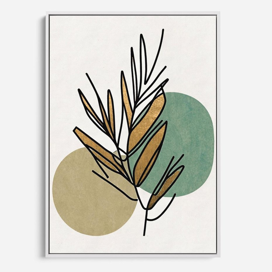 Obraz w ramie 80x120 - Migocące Ścieżki Wizji - abstrakcyjny obraz boho, liście - rama biała