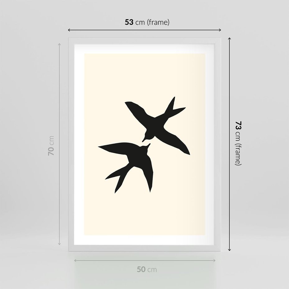 Plakat w ramie 50x70 - Kreatywne Echa - jaskółki, minimalizm - rama biała