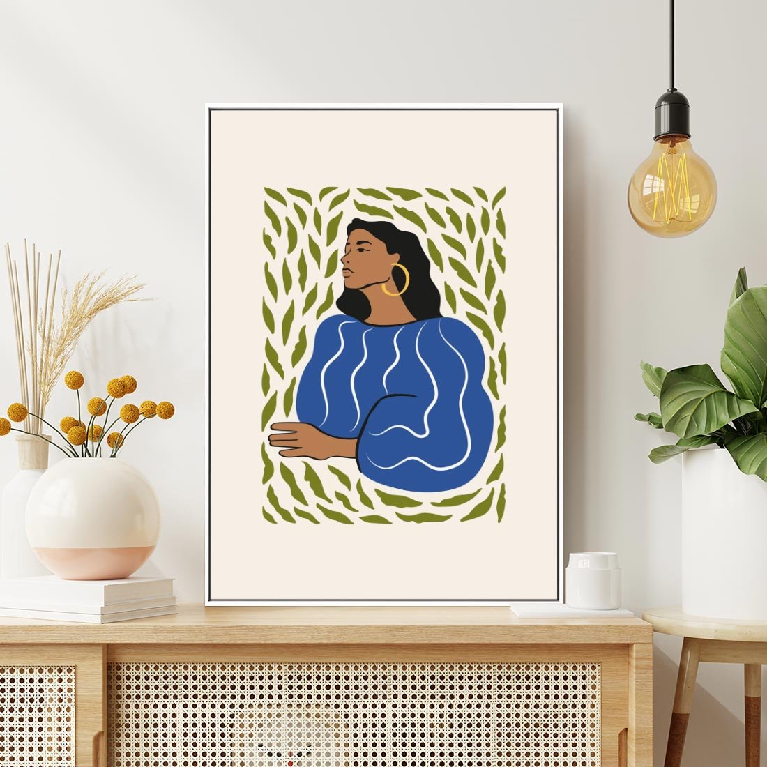 Obraz w ramie 70x100 - Rozbite Barwy - nowoczesny plakat, kobieta otoczona liśćmi - rama biała