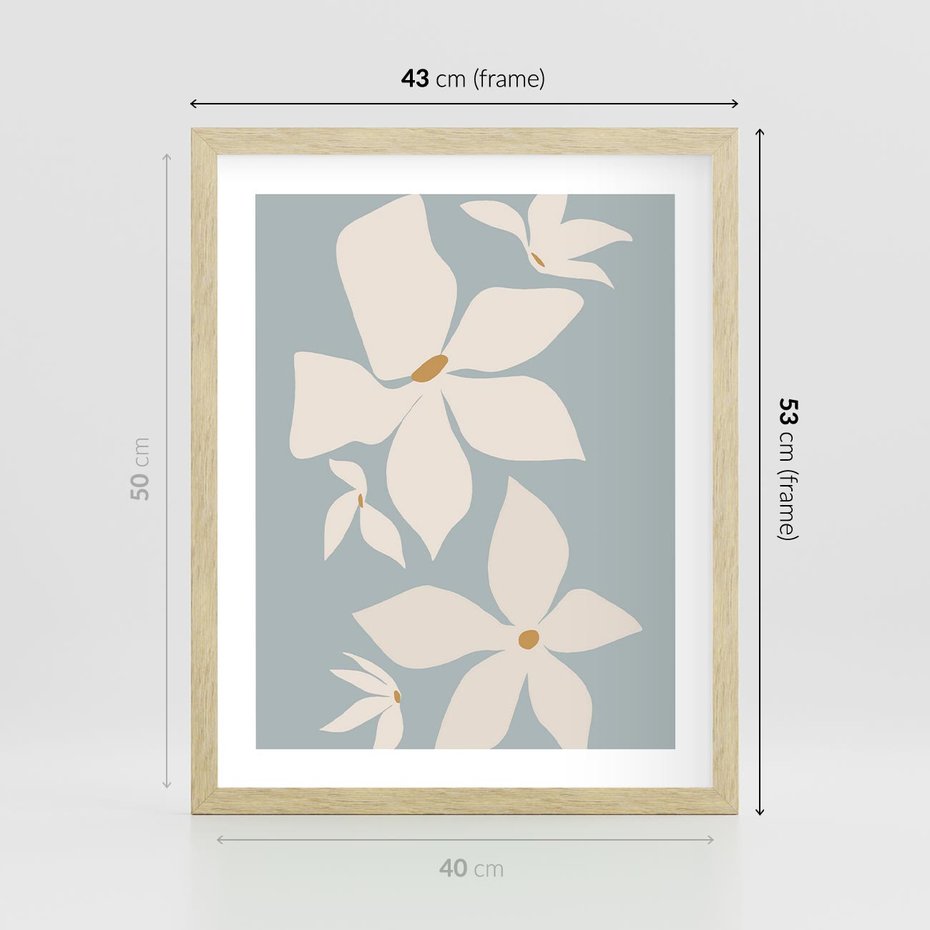 Plakat w ramie 40x50 - Błękit Kwiatów - kwiaty, nowoczesne i minimalistyczne - rama drewno