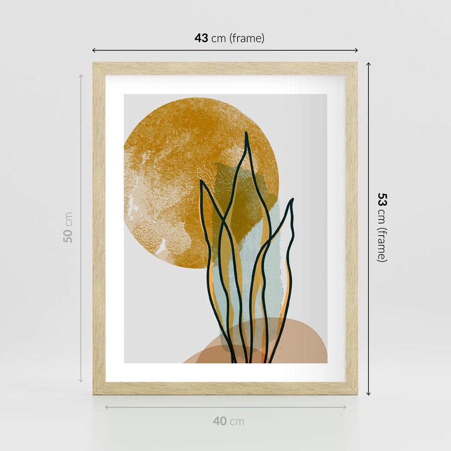 Plakat w ramie 40x50 - Światło Natury: Graficzne Liście i Złote Słońce - grafika, graficzne liście - rama drewno