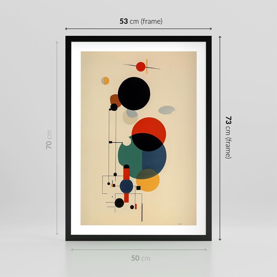 Plakat w ramie 50x70 - Migocące Impresje Odniesień - abstrakcyjna geometryczna kompozycja, koła linie - rama czarna