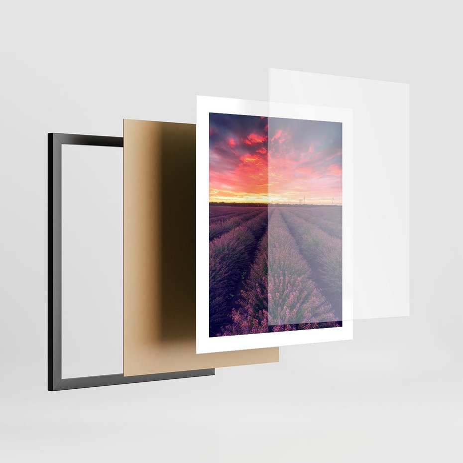 Plakat w ramie 40x50 - Różowe Niebo nad Polami - pola lawendy, zachód słońca - rama czarna