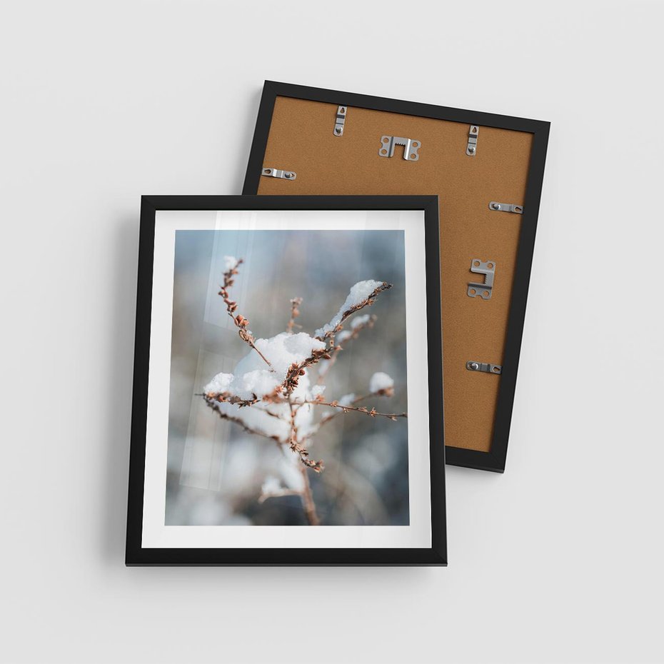 Plakat w ramie 40x50 - Zimowy Urok Natury - gałązki pod śniegiem, natura - rama czarna