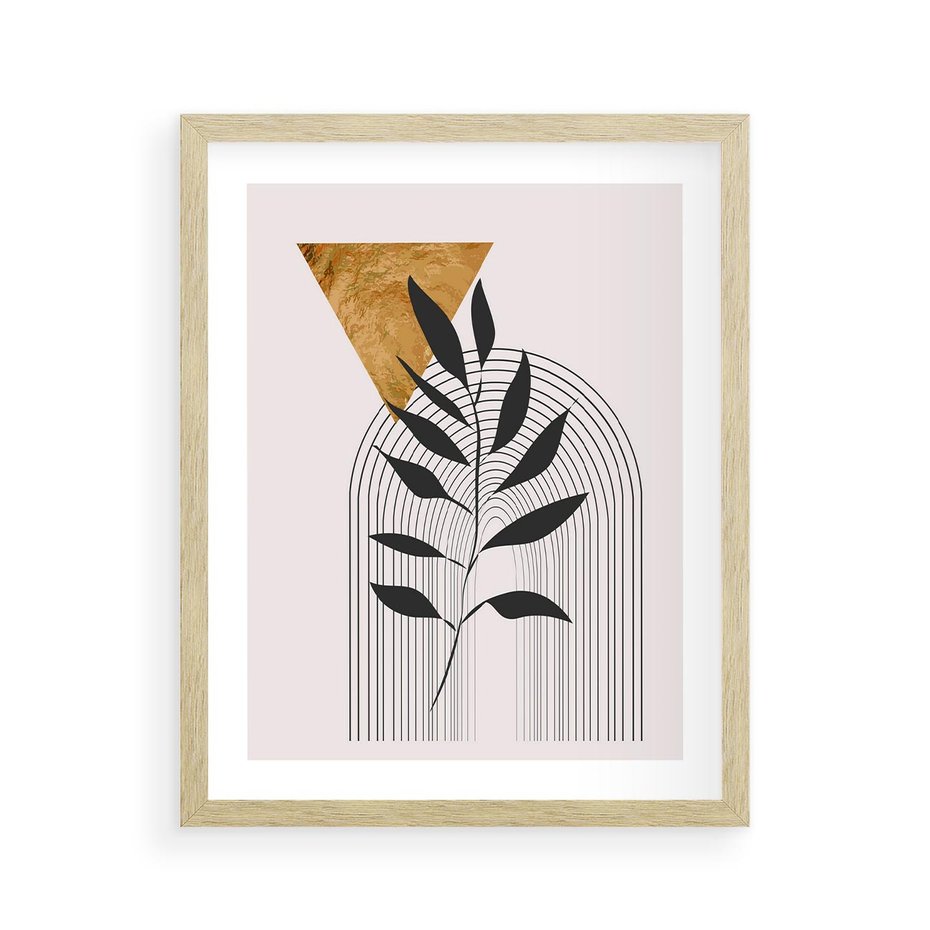 Plakat w ramie 40x50 - Geometria z Elementami Złota i Liści - grafika, złoto - rama drewno