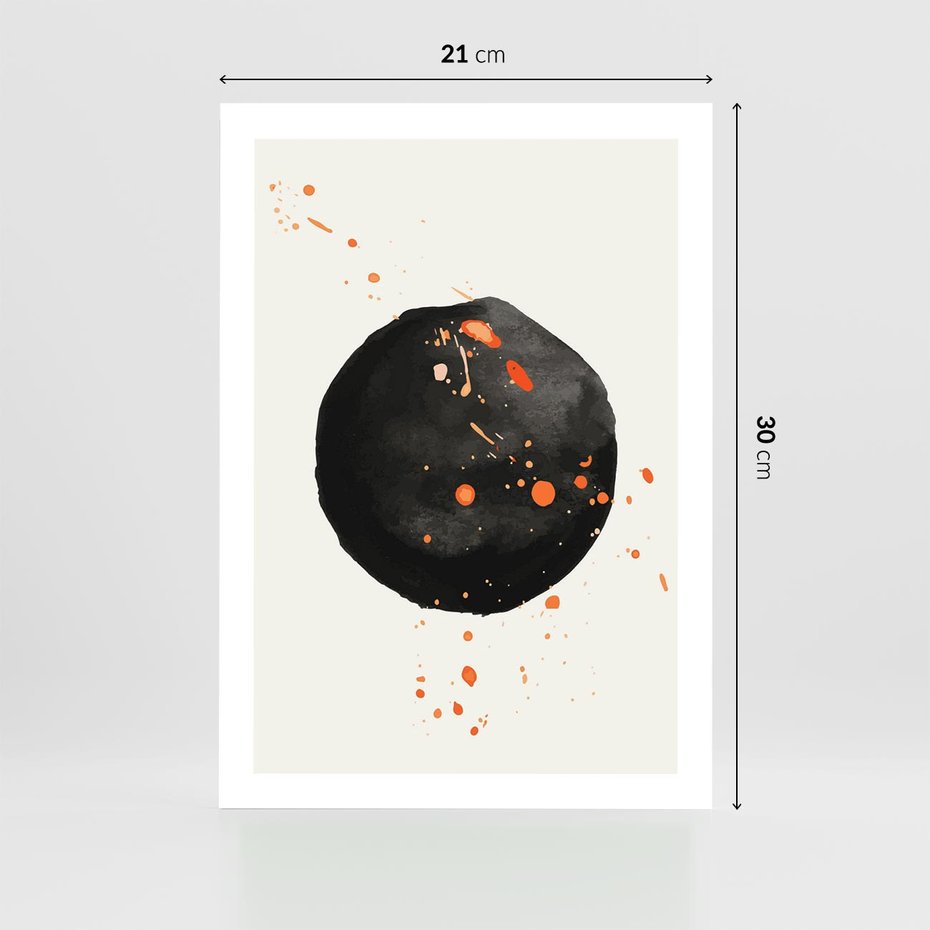 Plakat bez ramy 21x30 - Wnętrza Marzeń - abstrakcyjna czarna plama, rozsiane pomarańczowe kropki