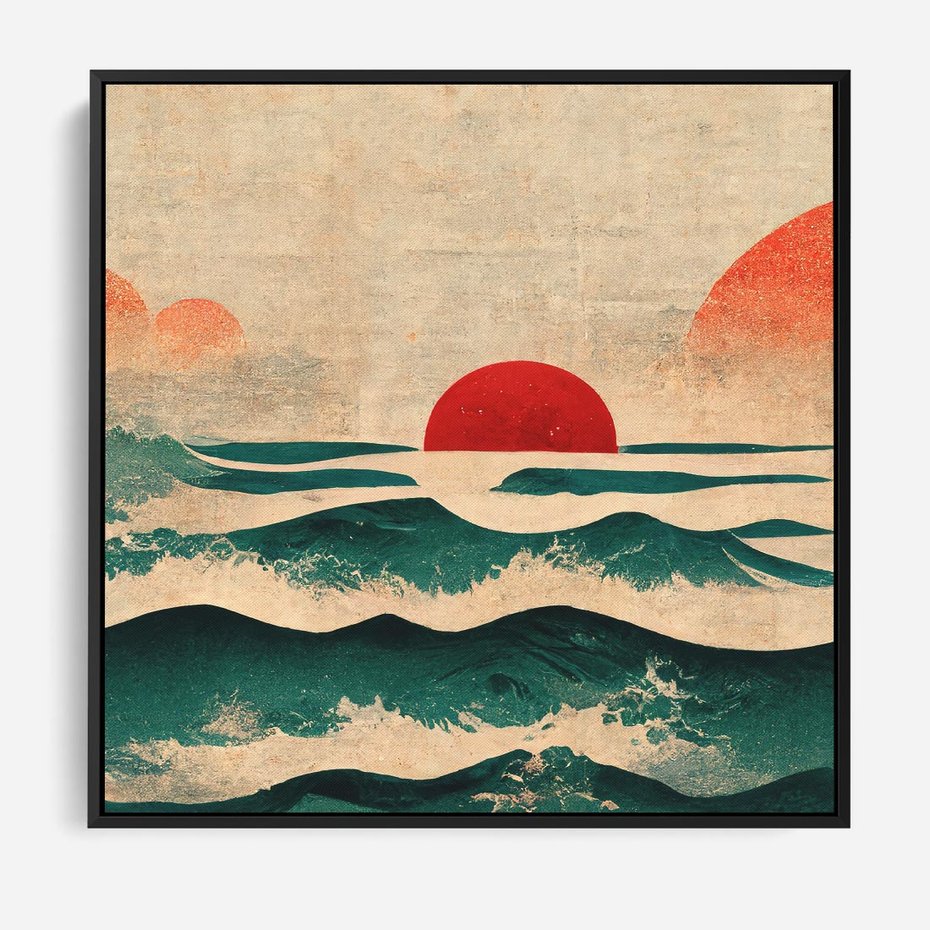 Obraz w ramie 50x50 - Czerwone Melodie - japońska sztuka, zachód słońca nad oceanem - rama czarna
