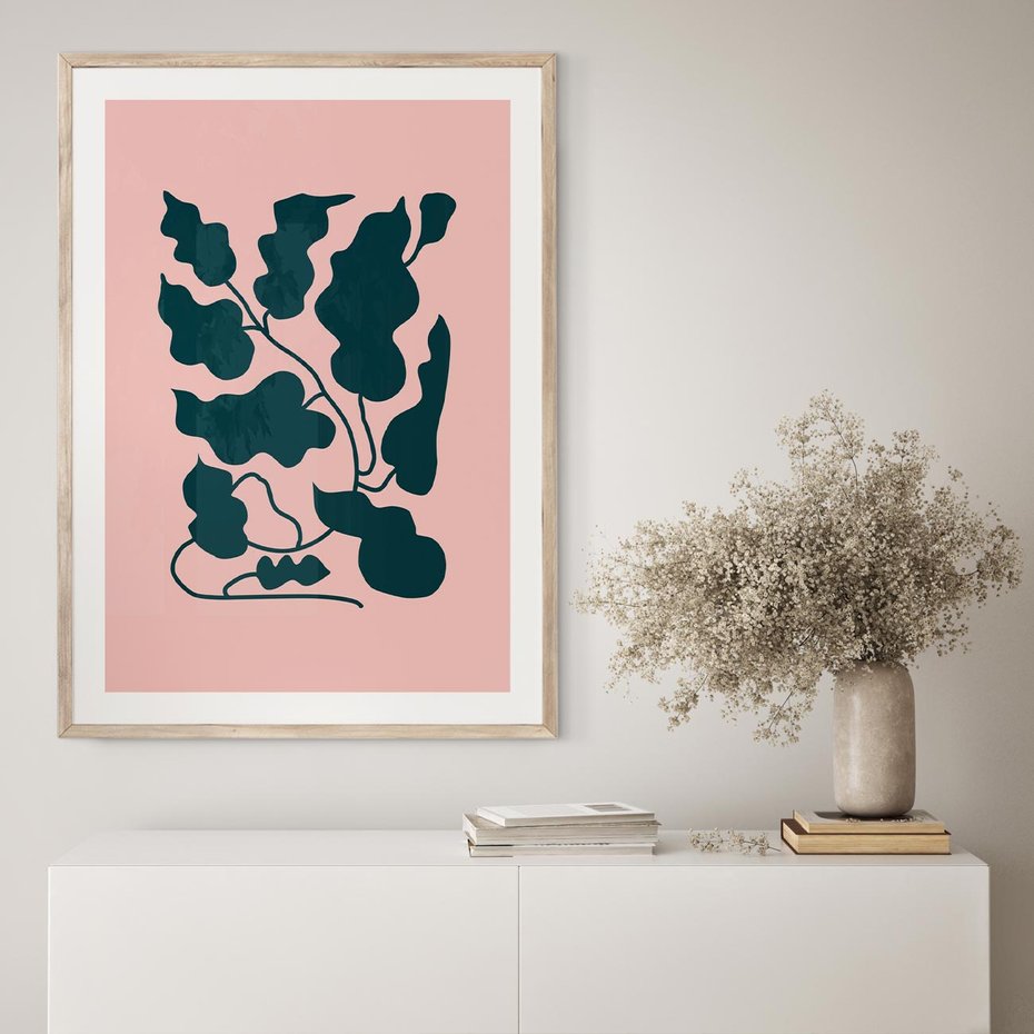 Plakat w ramie 50x70 - Kształty Nieznanego Świata - abstrakcyjne liście, boho styl - rama drewno