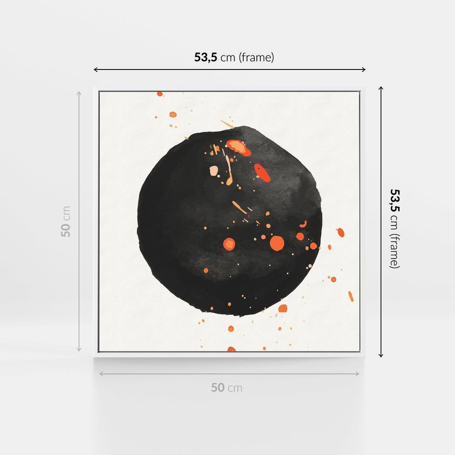 Obraz w ramie 50x50 - Wnętrza Marzeń - abstrakcyjna czarna plama, rozsiane pomarańczowe kropki - rama biała