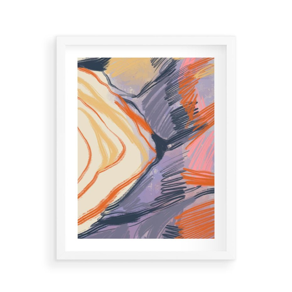 Plakat w ramie 40x50 - Pokreślony Świat - abstrakcyjne formy, odcienie pomarańczu i fioletu - rama biała