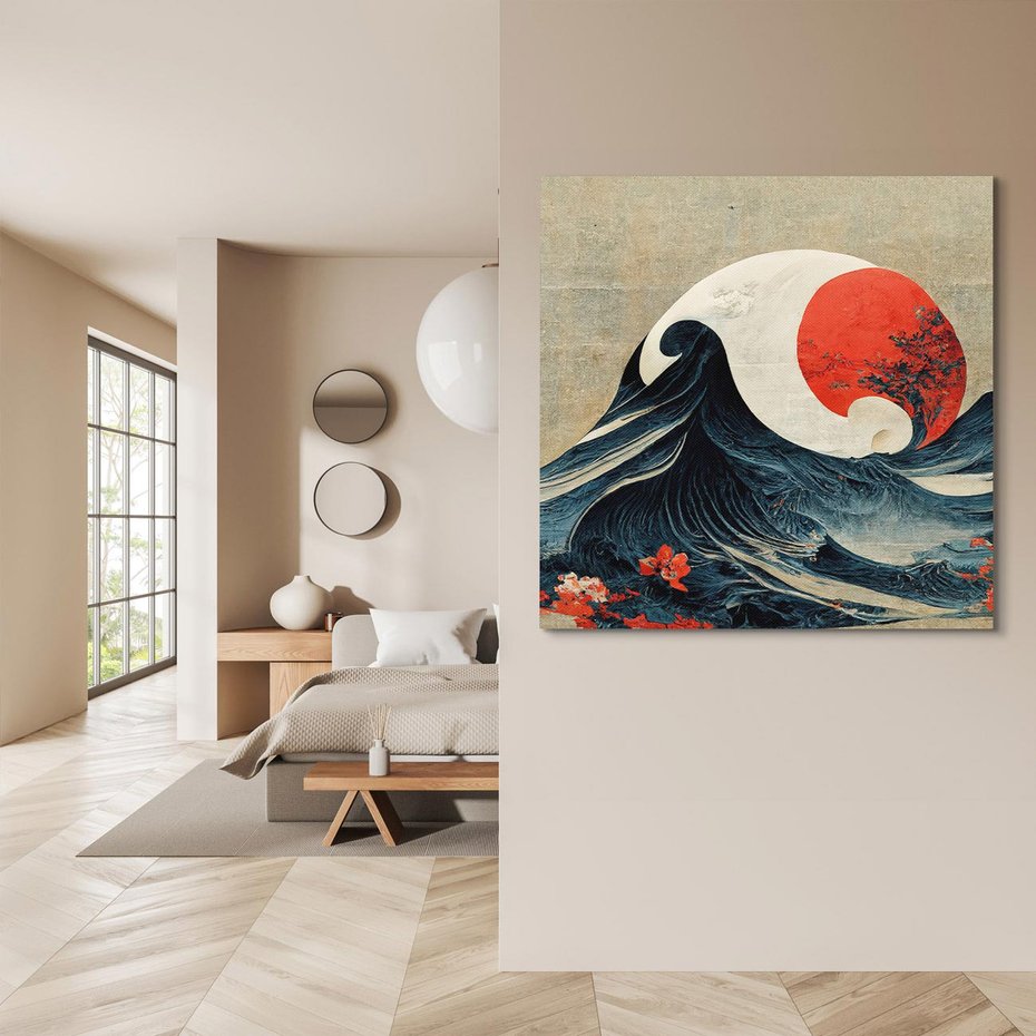Obraz na płótnie 80x80 - Requiem dla marzeń - sztuka japońska, fale oceanu