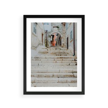 Plakat w ramie 50x70 - Schody we Włoskim Miasteczku - schody, śródziemnomorskie miasteczko - rama czarna