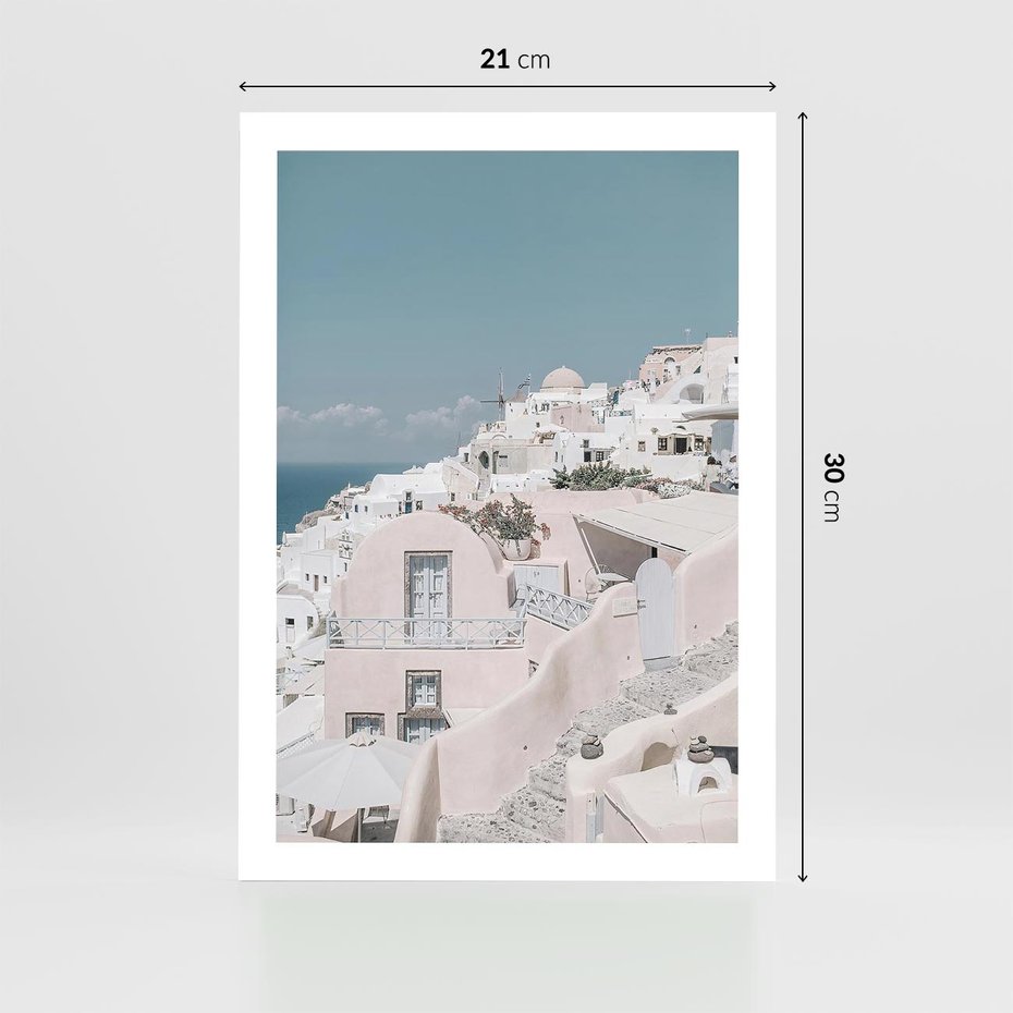 Plakat bez ramy 21x30 - Śródziemnomorski Urok - zdjęcie Santorini, białe budynki
