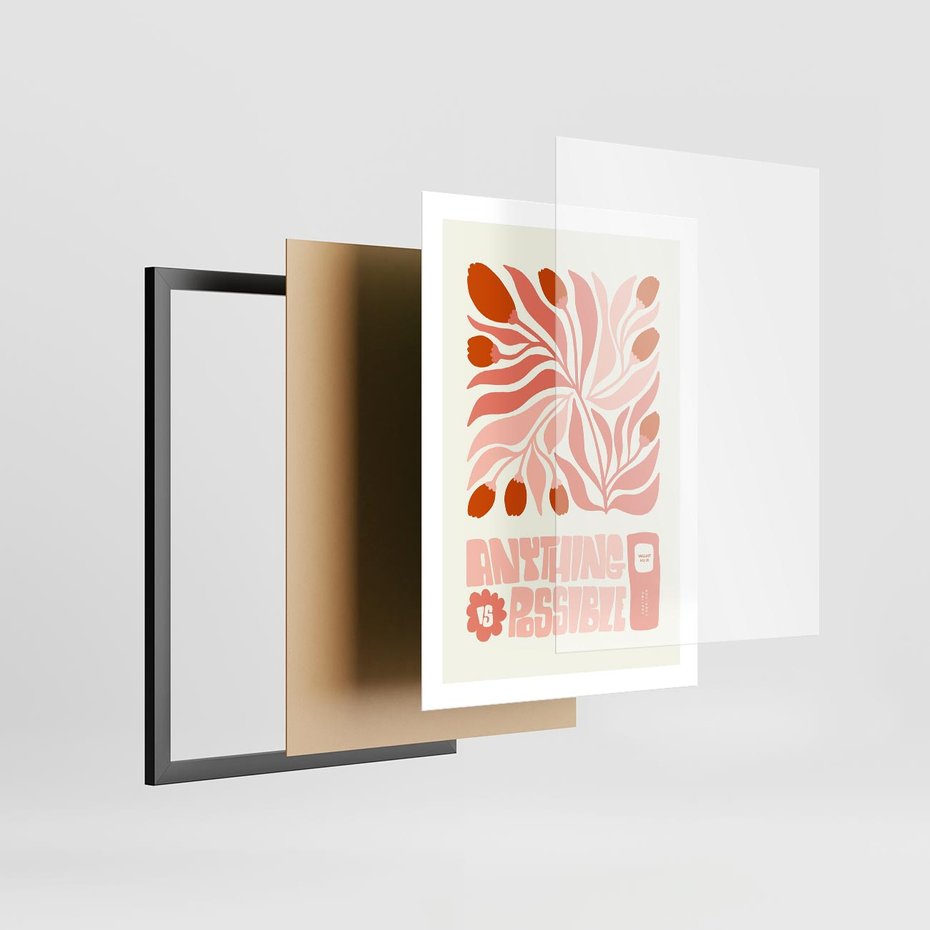 Plakat w ramie 50x70 - Migotliwa Euforia - kompozycja w łososiowym kolorze, kwiaty - rama czarna