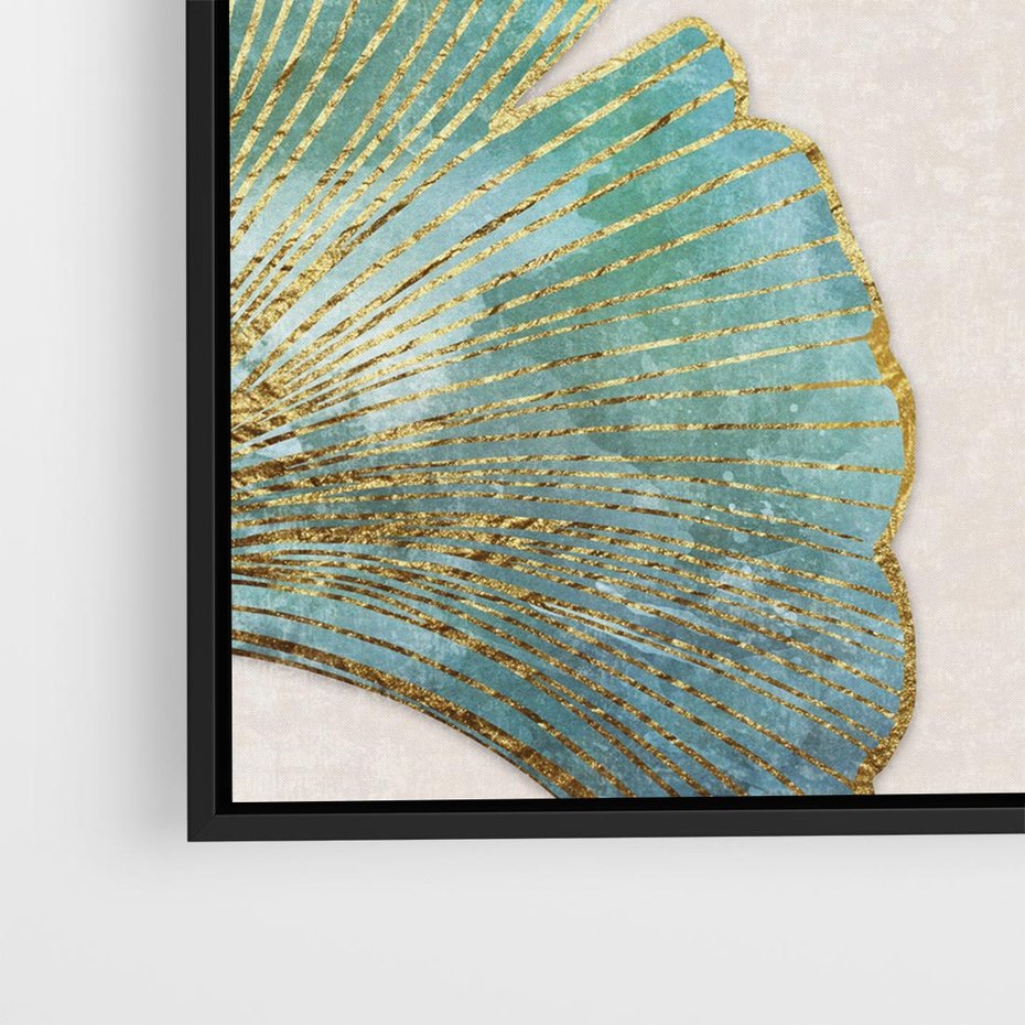Obraz w ramie 50x50 - Złota Melodia Liści - złote, turkusowe liście miłorzębu - rama czarna
