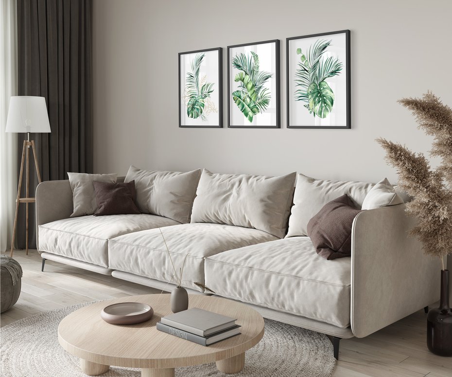 Zestaw obrazy w ramie 40x50 galeria - Liście, monstera, palma, złote, akwarele - rama czarna