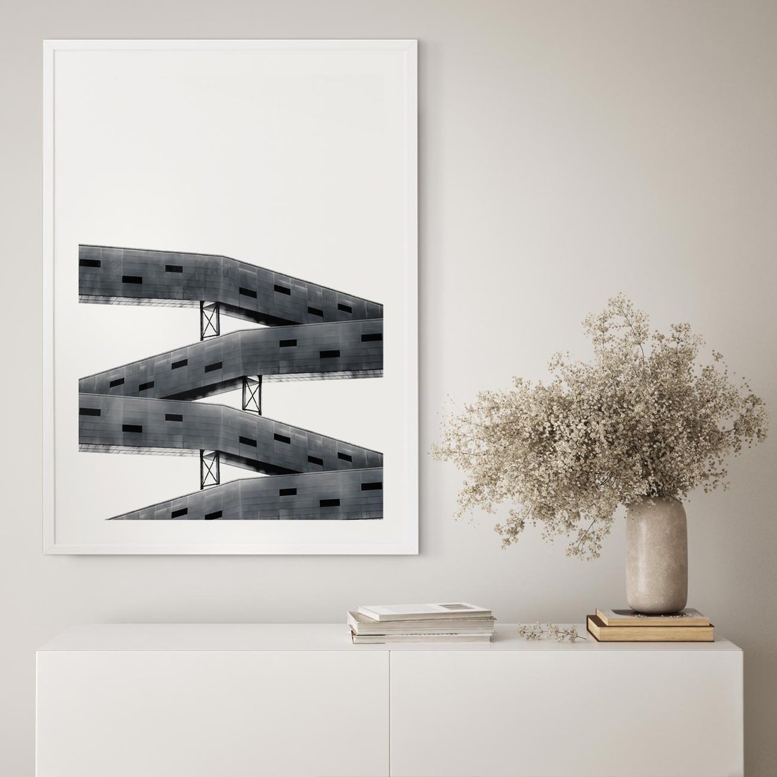 Plakat w ramie 50x70 - Monochromatyczna Sztuka Nowoczesnych Budynków - architektura, nowoczesne formy - rama biała
