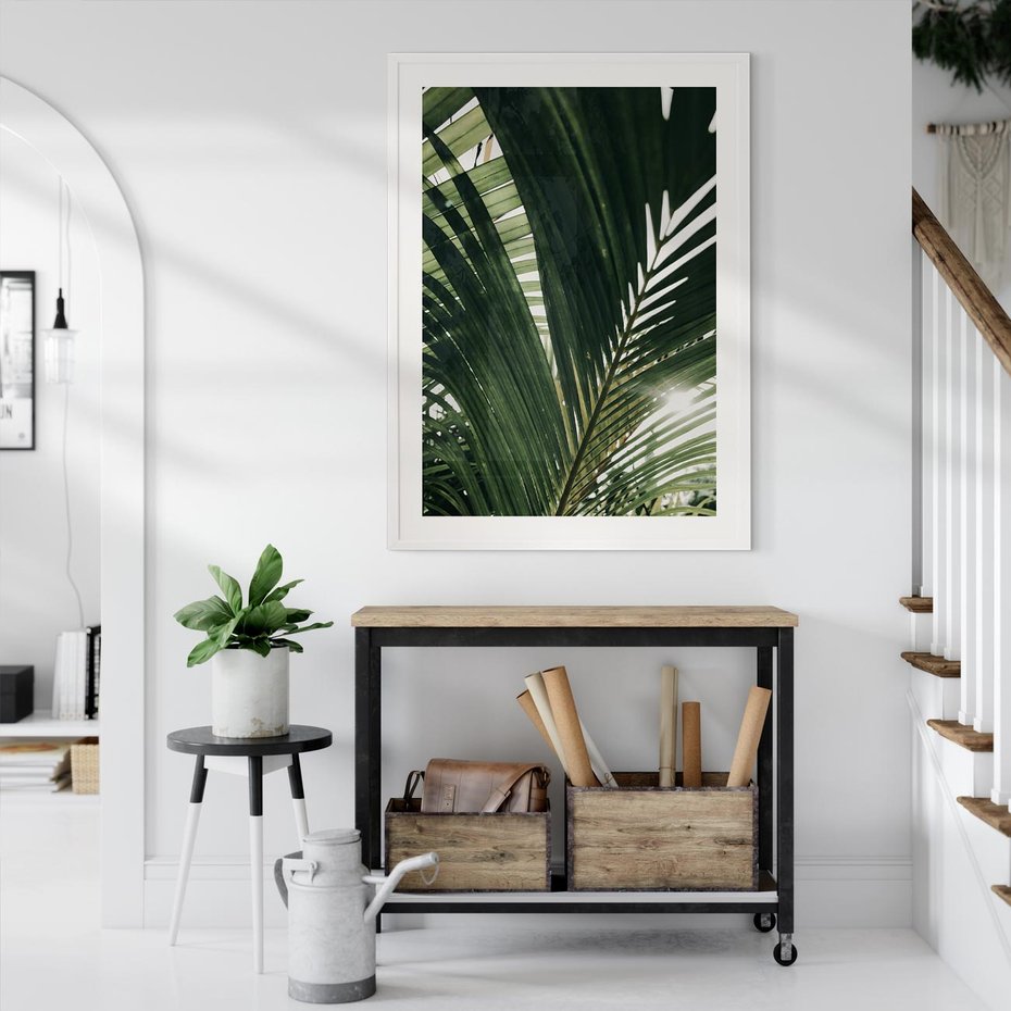 Plakat w ramie 30x40 - Tropikalne Uroki: Palmy i Zielone Liście - palmy, zielone liście - rama biała