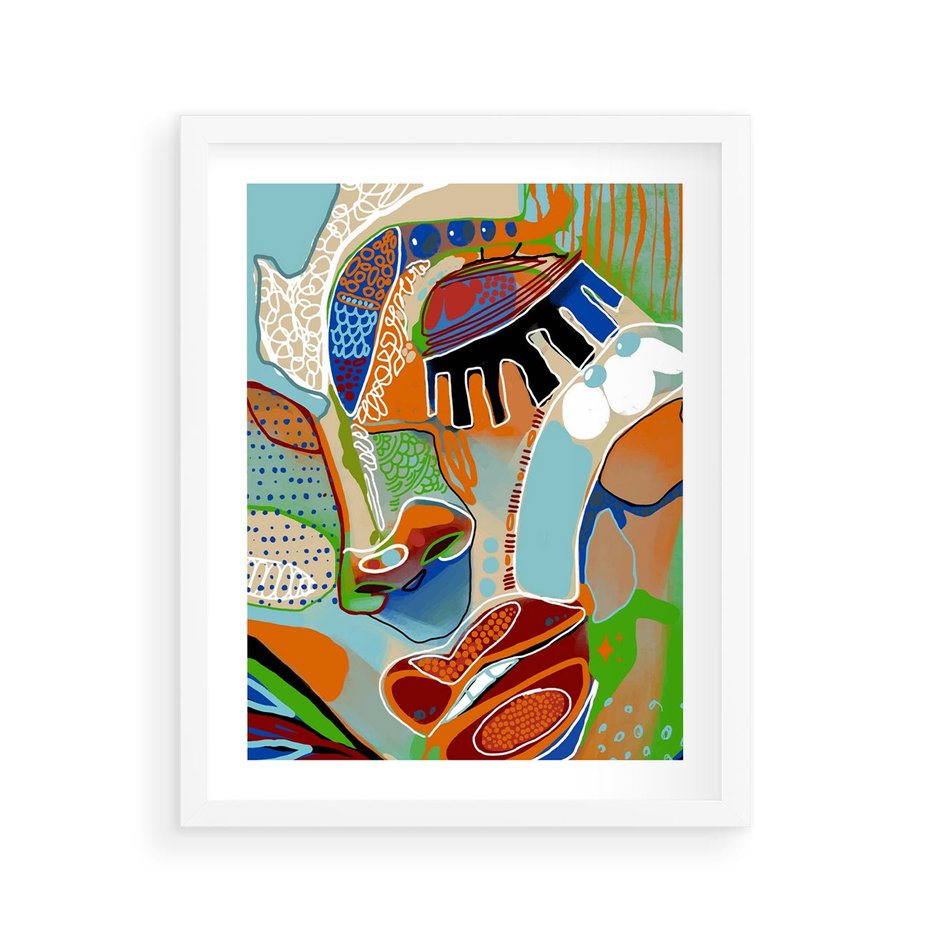 Plakat w ramie 40x50 - Wibracje Kształtów - abstrakcyjny portret kobiety, twarz - rama biała