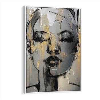 Obraz w ramie 80x120 - Kobieta - Abstrakcyjne Malowidło - złote, usta abstrakcja - rama biała